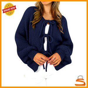 Oversized Chunky Cardigan with Bow Tie Front, Long Sleeve Open Sweater Coat